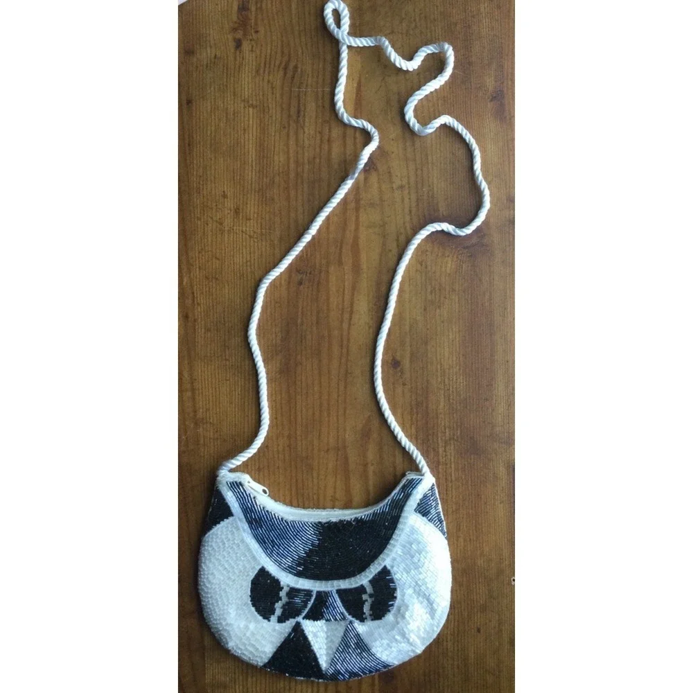 Vintage Nina Ricci Paris Beaded Purse Bag Black White Shoulder Evening Glam Owl‎